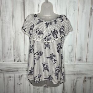 KNOX ROSE BLUE WHITE STRIPED FLORAL FLUTTER NECKLINE LIGHT AIRY FLOWY TOP M